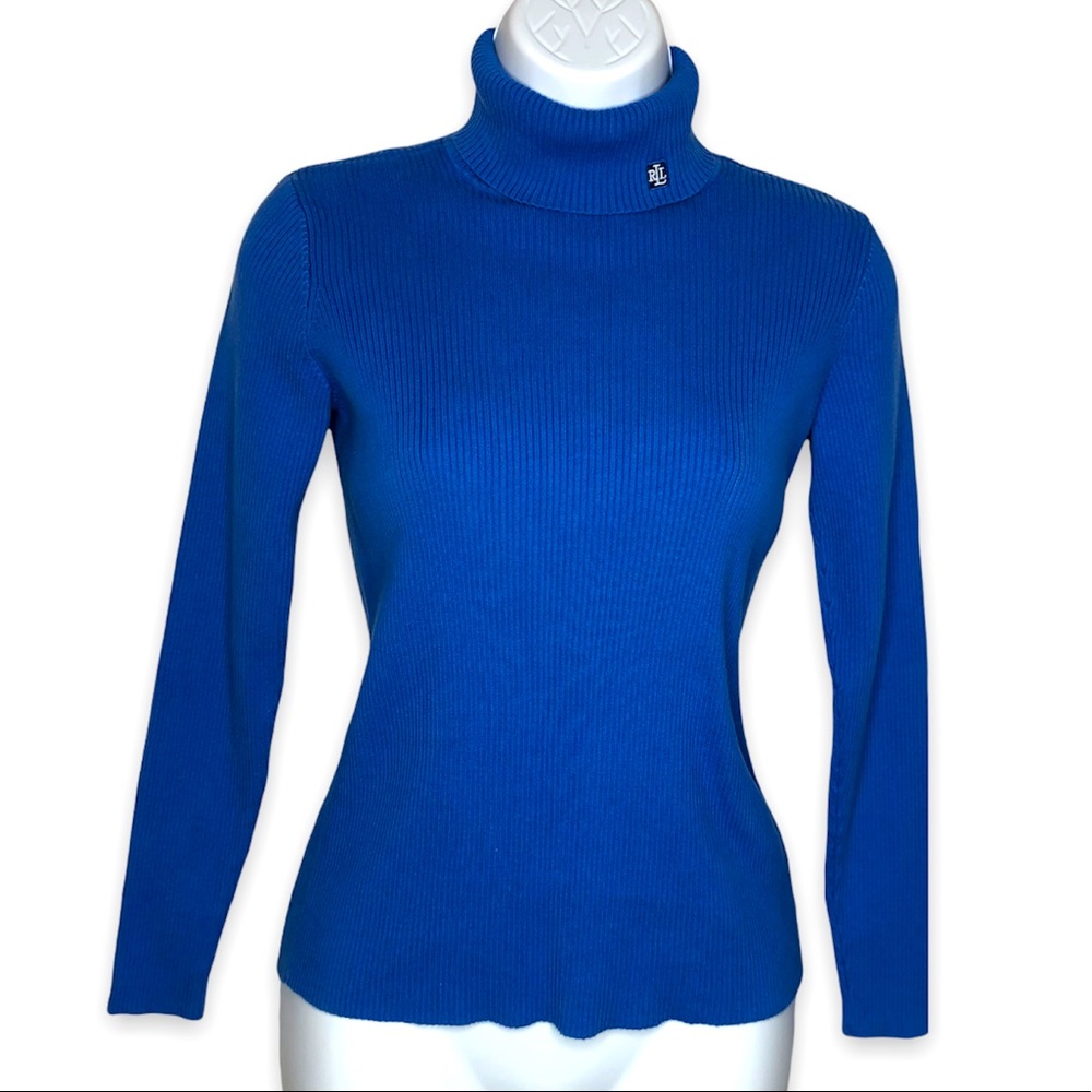 Lauren Ralph Lauren Women's Turtleneck Fitted Ribbed Knit Pullover Sweater Blue